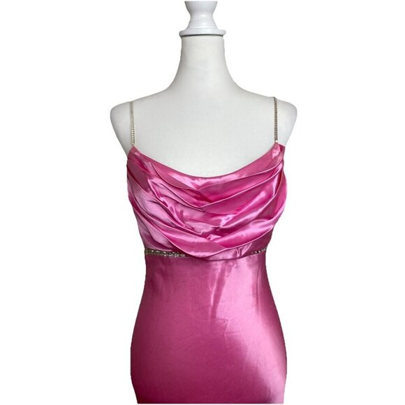 Vintage Cache Pink Y2K Satin Long Bias Cut Prom Slip Dress Gown Rhinestone Sz 6 - Picture 2 of 12